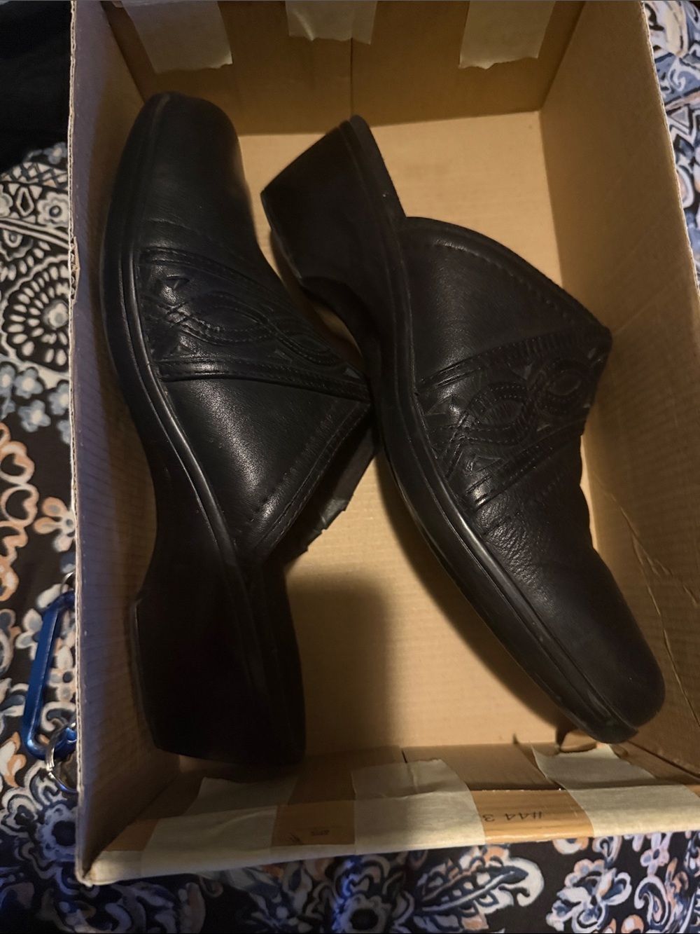 Clarks Black Leather Slip-On Clogs with Decorative Stitching